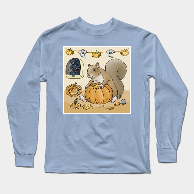 Pumpkin carving squirrel Long Sleeve T-Shirt by doodletokki